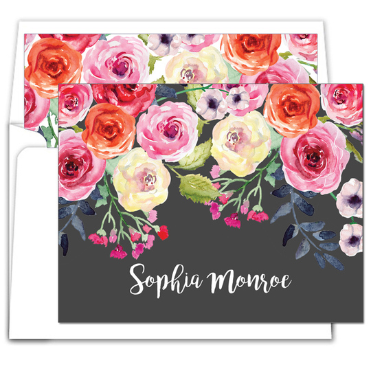 Charcoal Watercolor Roses Folded Note Cards